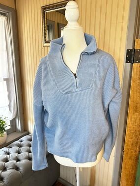 Lands End Drifter Sweater Women XS Blue Quarter Zip Cotton Knit Pullover Preppy